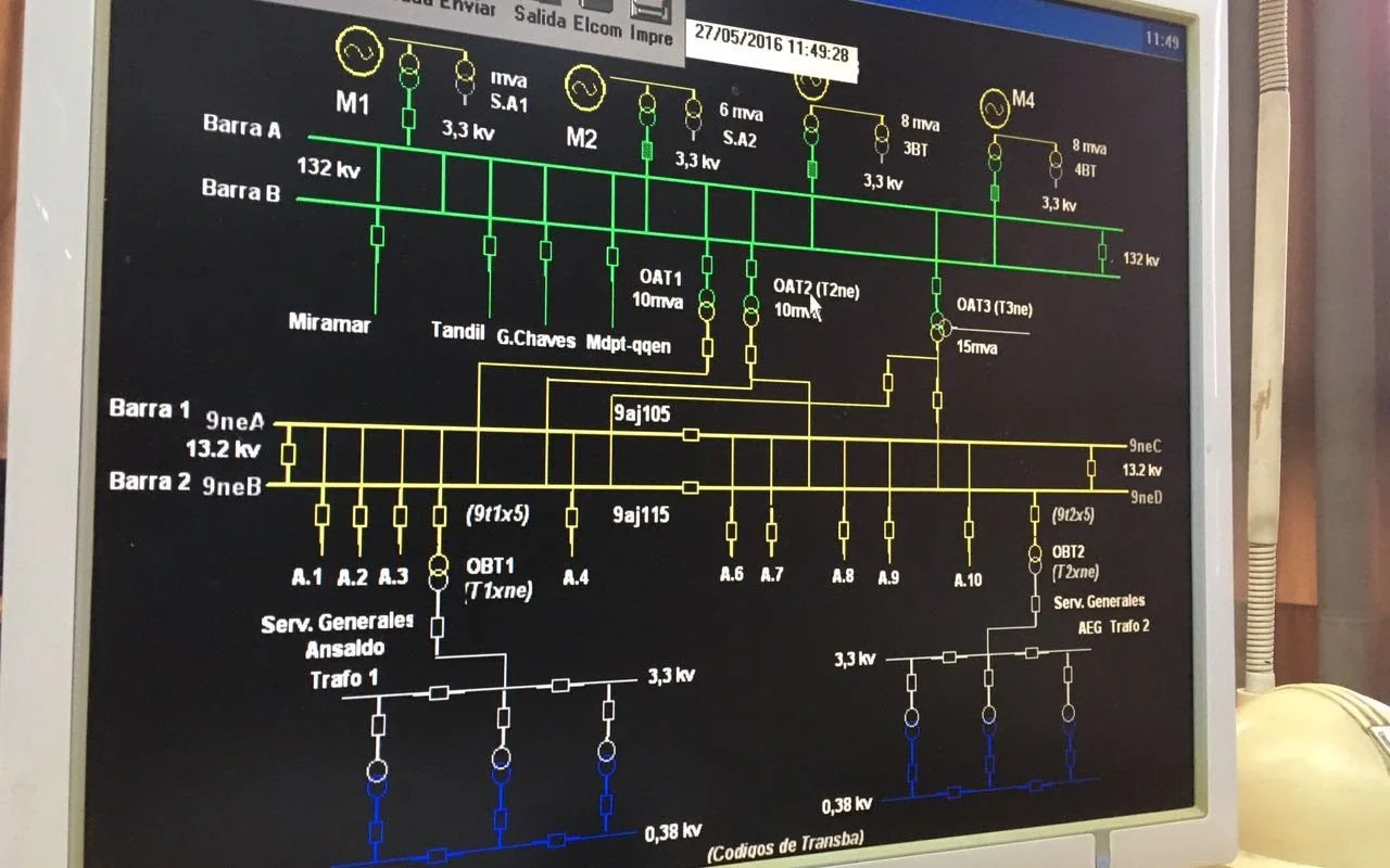 Esquema unifilar de una red de distribución en la pantalla de un centro de operación